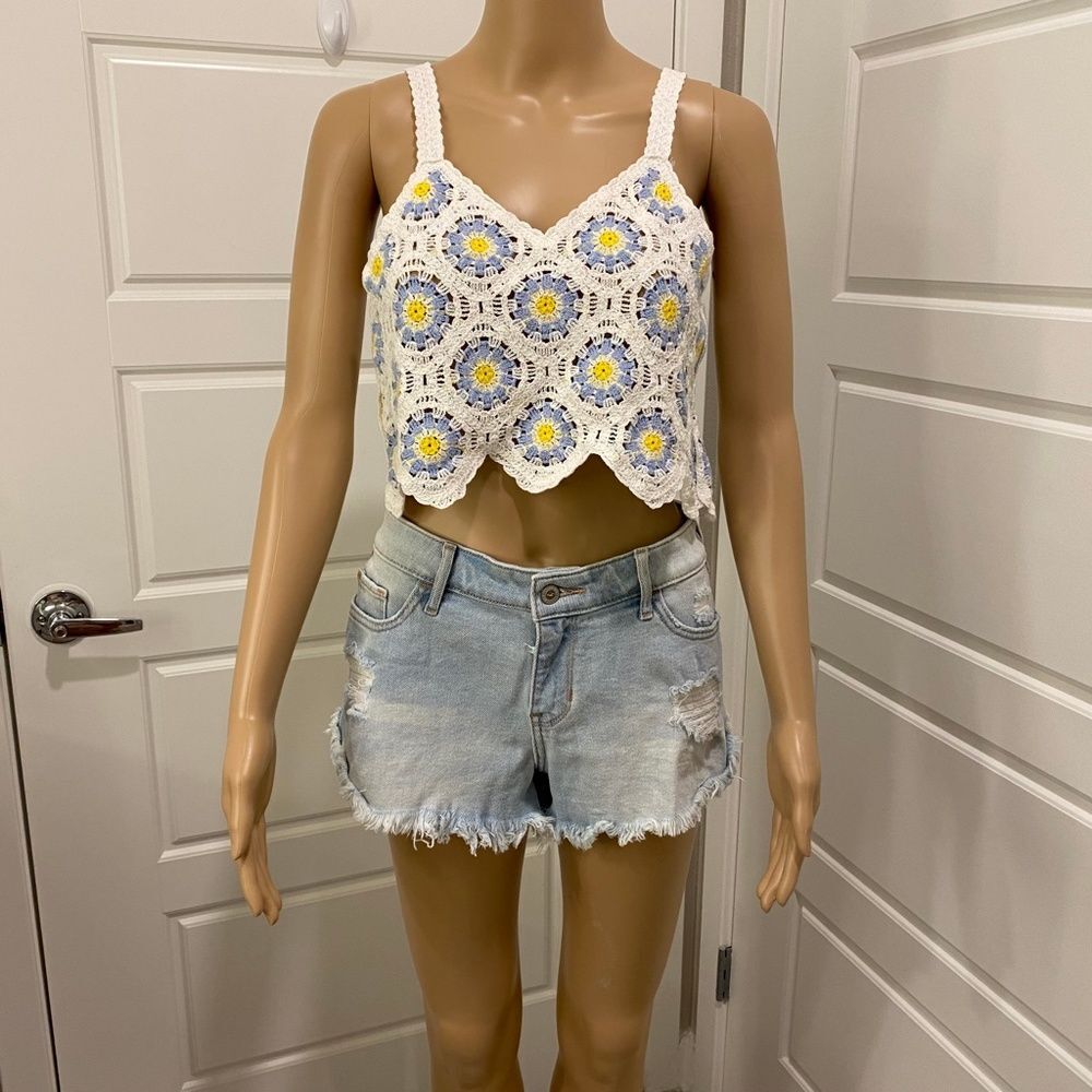 Crochet Crop Top Small Multi Circle Knit Cami Tank Pastel Flower Granny Square.